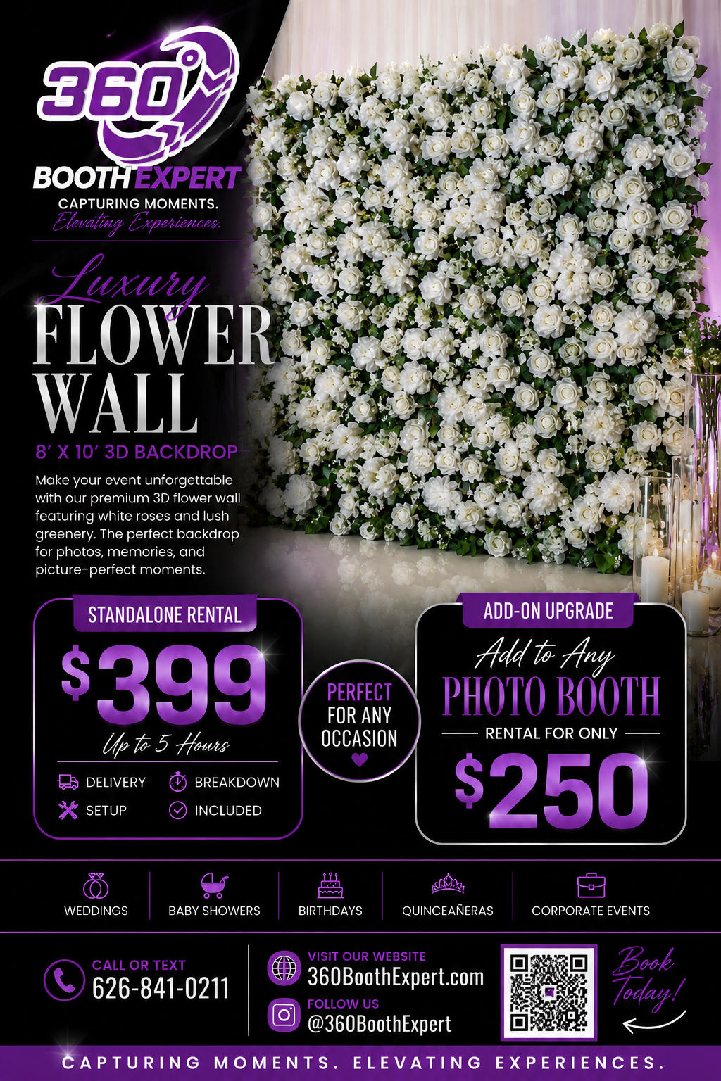Luxury White Rose Flower Wall Rental | 8’ x 10’ 3D Backdrop