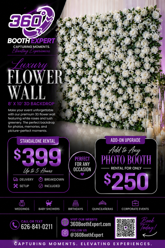 Luxury White Rose Flower Wall Rental | 8’ x 10’ 3D Backdrop