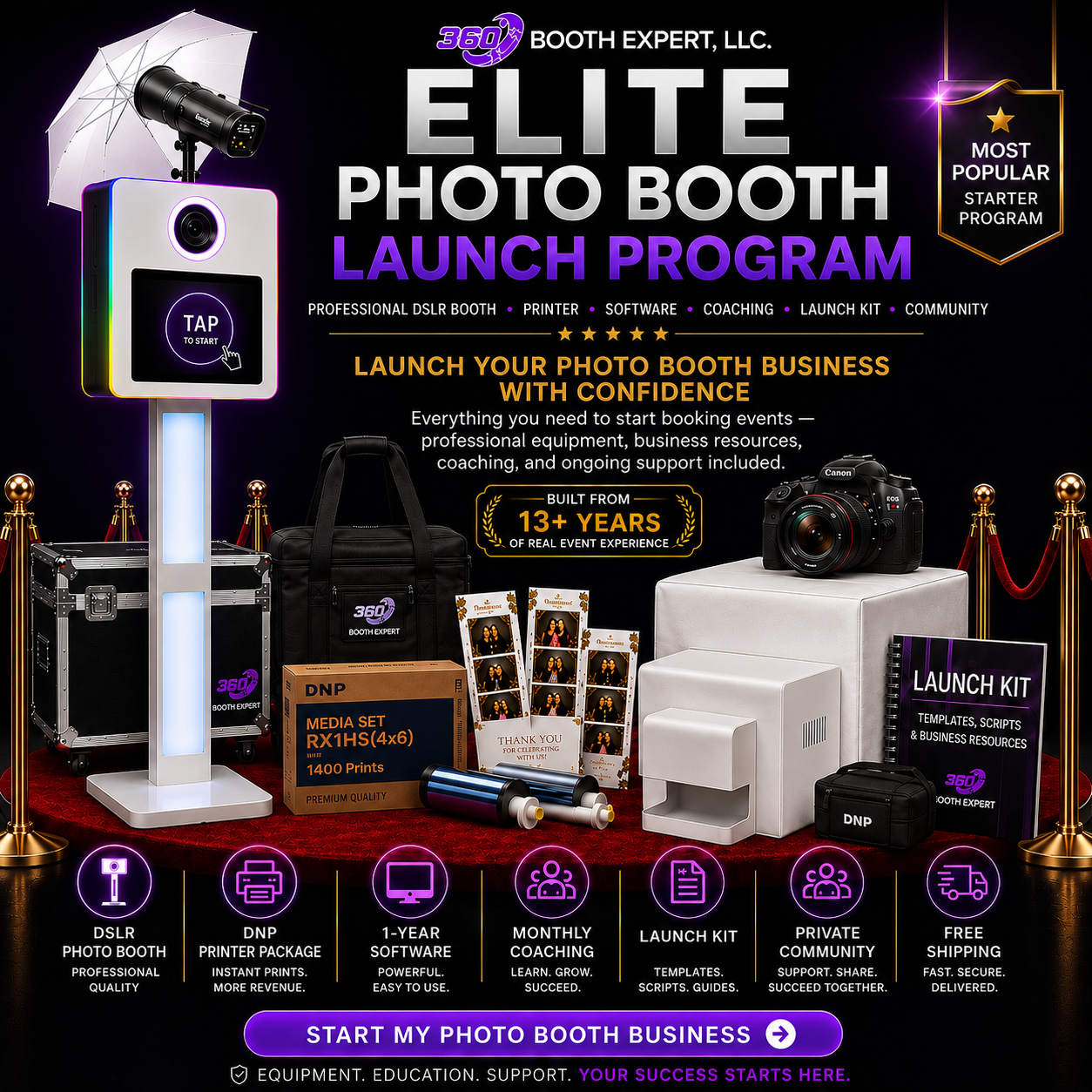 Promotional image of a photo booth launch program with equipment and branding.