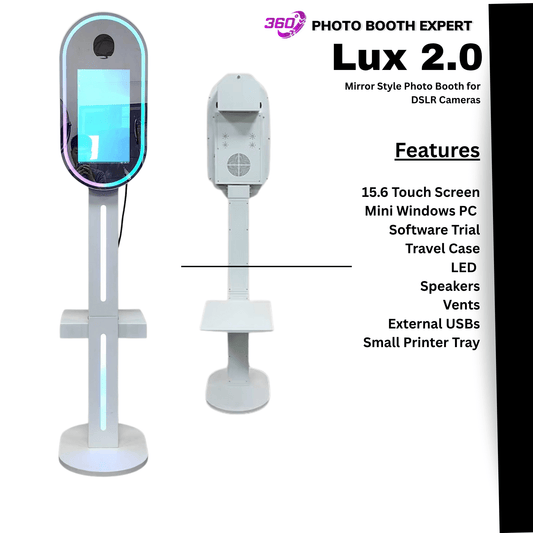 LUX 2.0 mirror photo booth sale featuring touchscreen, mini PC, software trial, LED lights, and external USBs.